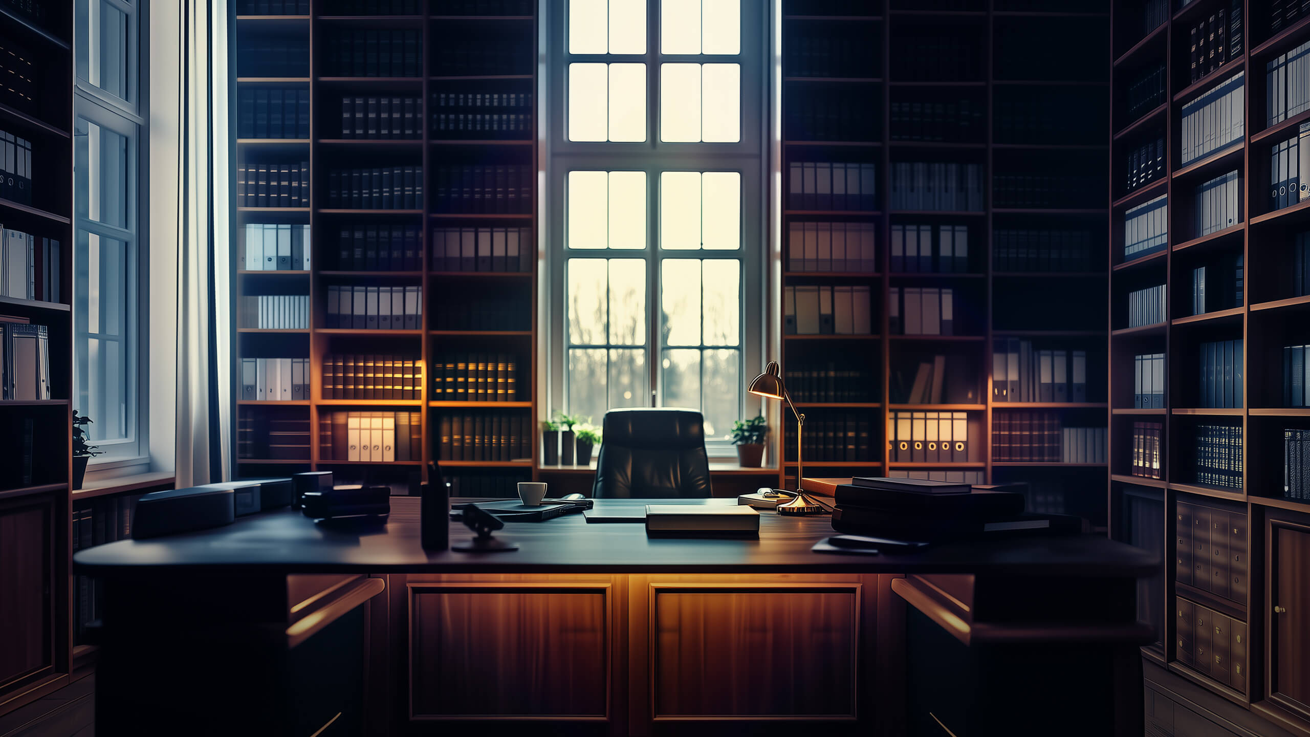 Elegant law office with bookshelves and desk