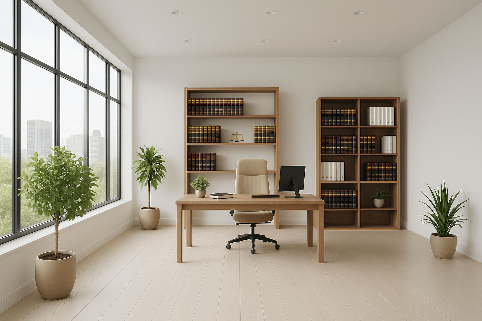 Modern law office with bookshelves